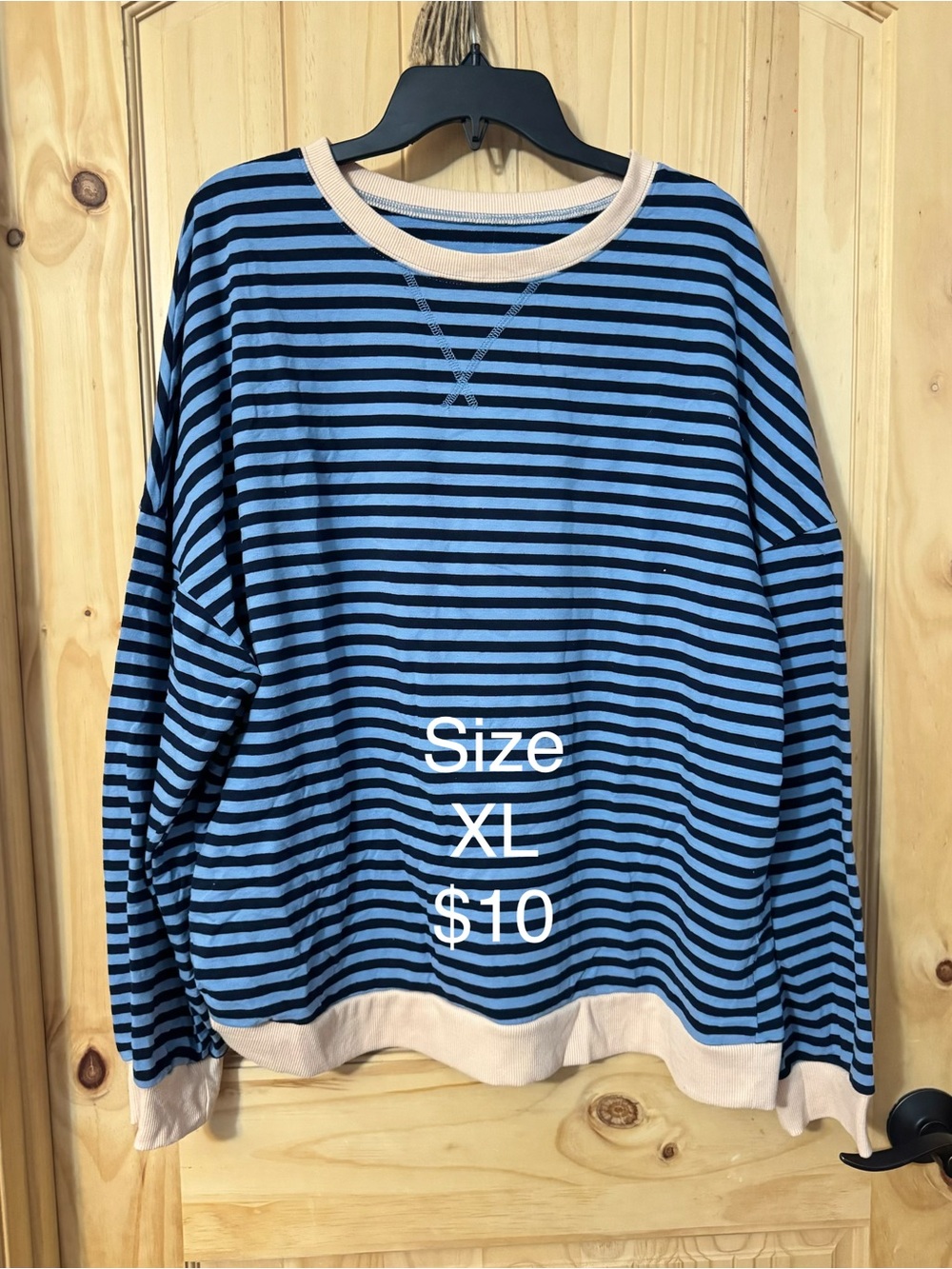 Source Unknown Blue and Black Striped Crewneck Sweater with Cream Trim